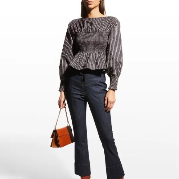 NEW Cinq à Sept Houston Striped Smocked Peplum Top *Graphite/Dark Salmon* Sz L - Picture 6 of 16